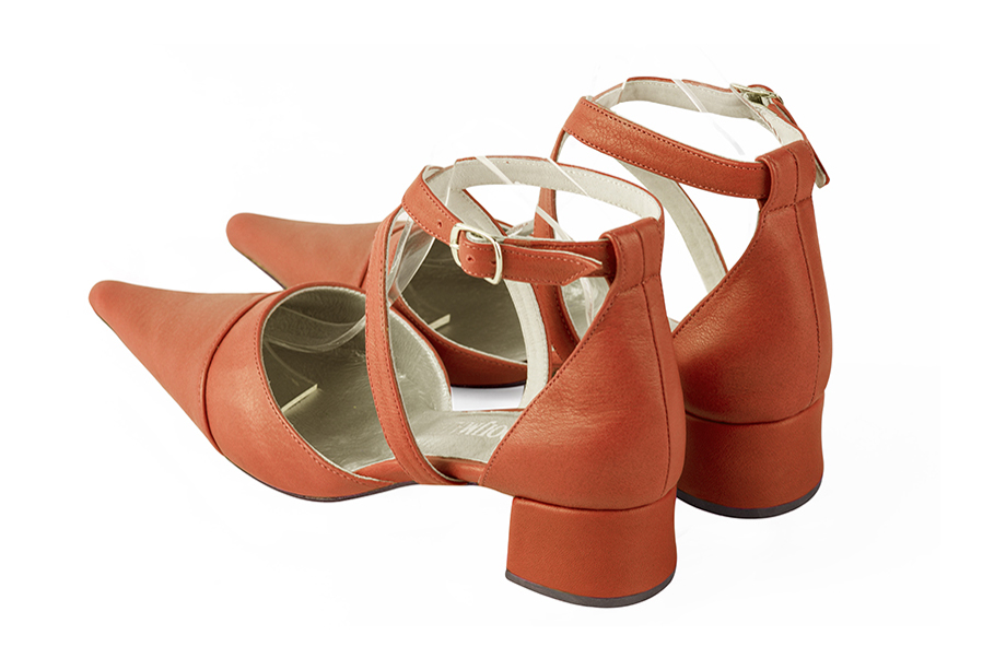 Terracotta orange women's open side shoes, with crossed straps. Pointed toe. Low flare heels. Rear view - Florence KOOIJMAN